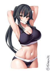 Rule 34 | 1girl, armpits, arms behind head, arms up, black hair, black sports bra, blush, breasts, brown eyes, collarbone, cowboy shot, cropped legs, ebifurya, grin, hair between eyes, hair flaps, highres, kantai collection, large breasts, long hair, looking at viewer, navel, one-hour drawing challenge, ponytail, simple background, skindentation, smile, solo, sports bra, stomach, twitter username, very long hair, white background, yahagi (kancolle)
