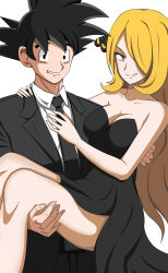 Rule 34 | 1boy, 1girl, alternate costume, bare arms, bare legs, bare shoulders, black dress, black eyes, black hair, black necktie, black suit, blonde hair, breasts, carrying, cleavage, collared shirt, couple, creatures (company), crossover, cynthia (pokemon), dragon ball, dragonball z, dress, formal, game freak, grey eyes, grin, hair ornament, hair over one eye, hetero, highres, large breasts, long dress, long hair, looking at viewer, medium breasts, naughty face, neck, necktie, nintendo, pokemon, pokemon dppt, princess carry, shirt, simple background, smile, son goku, spiked hair, strapless, strapless dress, suit, very long hair, vivivoovoo, white background, white shirt