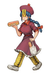 Rule 34 | 1girl, :t, absurdres, bag, blue hair, blush, bow, braid, braided ponytail, breasts, chanta (ayatakaoisii), closed mouth, dress, eating, elbow sleeve, food request, from side, full body, hair bow, hand up, hat, highres, holding, holding bag, jiangshi, jiangshi (chanta), large breasts, long hair, looking at viewer, ofuda, ofuda on clothes, original, pants, plastic bag, red bow, red dress, red eyes, red hat, sash, shoes, simple background, single braid, solo, standing, translation request, walking, white background, white footwear, yellow pants