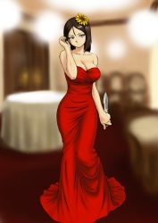 Rule 34 | 10s, 1girl, adjusting hair, bare shoulders, blue eyes, blurry, blurry background, blush, breasts, brown hair, cleavage, dress, evening gown, flower, girls und panzer, gown, hair flower, hair ornament, knife, large breasts, looking at viewer, mori-soba, nonna (girls und panzer), red dress, short hair, solo, strapless, strapless dress, sunflower, sunflower hair ornament, table
