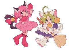Rule 34 | 2girls, ahoge, animal hands, animal hat, apron, bell, bow, broom, cat feet, cat hat, cat paws, cat tail, commentary, crossover, dejiko, detached sleeves, di gi charat, dress, english commentary, frilled straps, gloves, green hair, hat, holding, holding broom, kitchupsandwich, maid, mew ichigo, momomiya ichigo, multiple girls, neck bell, pink dress, pink eyes, pink hair, puffy detached sleeves, puffy short sleeves, puffy sleeves, red bow, red footwear, red gloves, short sleeves, simple background, tail, tail bell, tail bow, tail ornament, thigh strap, tokyo mew mew, white apron, white background