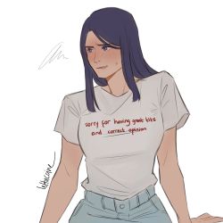 Rule 34 | 1girl, alternate costume, artist name, black hair, blush, breasts, caitlyn (league of legends), cowboy shot, english text, grey background, highres, jun (lettuccine), large breasts, league of legends, long hair, pants, parted lips, shirt, shirt tucked in, short sleeves, simple background, smile, squiggle, sweat, sweatdrop, white shirt