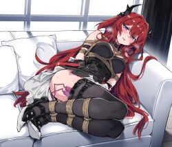Rule 34 | 1girl, arknights, arms behind back, bare shoulders, bdsm, black dress, black footwear, black thighhighs, blush, bondage, bound, bound arms, bound legs, breasts, breath, commentary, couch, demon horns, dress, female focus, full body, hair between eyes, half-closed eyes, heavy breathing, horns, indoors, infection monitor (arknights), kataokasan, legs together, long hair, looking at viewer, lying, medium breasts, on couch, open mouth, pillow, purple eyes, red hair, remote control vibrator, rope, sex toy, shibari, shoes, solo, steam, surtr (arknights), sweat, sweatdrop, thighhighs, vibrator, vibrator cord, vibrator in thighhighs