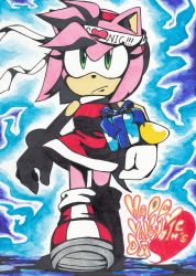 Rule 34 | 1girl, amy rose, boots, dress, furry, furry female, gift, gloves, green eyes, headband, highres, pink hair, sega, short hair, solo, sonic (series), text focus, valentine