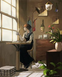 Rule 34 | 1girl, black dress, book, brown eyes, brown hair, chair, chest of drawers, cup, dress, holding, holding cup, indoors, muraicchi (momocchi), open book, original, plant, potted plant, shirt, short hair, sitting, solo, table, vase, white shirt, window
