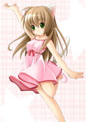 Rule 34 | 1girl, animal ears, bare legs, blush, brown hair, cat ears, cat tail, dress, green eyes, hand up, happy, jumping, leg lift, long hair, original, pink dress, pink footwear, pink skirt, shibacha, shoes, skirt, smile, solo, standing, standing on one leg, tail