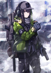 Rule 34 | 1girl, abandoned, alternate costume, armband, assault rifle, backpack, bag, baseball cap, belt pouch, black hair, black pantyhose, black shorts, brown eyes, building, bulletproof vest, car, closed mouth, commentary, emblem, english commentary, english text, explosive, eyebrows, from side, girls&#039; frontline, glock, glock 40, gloves, green hair, green jacket, grenade, griffin &amp; kryuger, grifon &amp; kryuger, gun, handgun, hat, headphones, highres, holding, holding grenade, holding gun, holding weapon, holster, holstered, jacket, knee guards, knee pads, looking at viewer, m4 carbine, m4a1 (girls&#039; frontline), mishima hiroji, motor vehicle, multicolored hair, optical sight, outdoors, pantyhose, pouch, radio, rifle, roadblock, scarf, short shorts, shorts, sidelocks, sight, snow, snowing, solo, standing, strap, suppressor, tactical clothes, thigh holster, thigh pouch, tom clancy&#039;s the division, vest pouch, watch, weapon, weapon on back, wristwatch