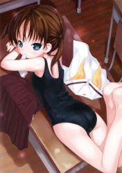 Rule 34 | 1girl, ass, barefoot, black one-piece swimsuit, blue eyes, brown hair, chair, unworn clothes, desk, from above, highres, kiira, looking at viewer, looking back, lying, mouth hold, on stomach, one-piece swimsuit, original, panties, panties in mouth, scan, school desk, school swimsuit, school uniform, skirt, unworn skirt, solo, swimsuit, twintails, underwear