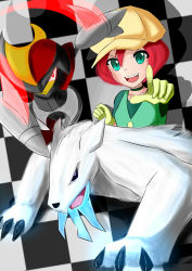 Rule 34 | 1girl, beartic, bisharp, cabbie hat, checkered background, choker, claws, clenched hand, creatures (company), game freak, gen 5 pokemon, georgia (pokemon), gloves, glowing, glowing eyes, green choker, green eyes, green gloves, green shirt, green vest, hair between eyes, hat, highres, looking at viewer, nintendo, open mouth, pointing, pointing at viewer, pokemon, pokemon (anime), pokemon (creature), pokemon bw (anime), red hair, shirt, short hair, short sleeves, smile, teeth, tsukajun, upper body, upper teeth only, vest