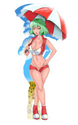 Rule 34 | 1girl, absurdres, blaccura, breasts, cleavage, crossed legs, female focus, flower, green hair, hand on own hip, highres, kazami yuuka, large breasts, midriff, navel, no panties, open fly, open mouth, parasol, race queen, red eyes, short hair, short shorts, shorts, simple background, solo, standing, sunflower, touhou, umbrella, unzipped, watson cross