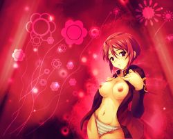 Rule 34 | 00s, 1girl, breasts, coat, gundam, gundam seed, gundam seed destiny, large breasts, lunamaria hawke, nipples, no bra, open clothes, open coat, panties, red eyes, red hair, short hair, solo, striped clothes, striped panties, underwear, wallpaper