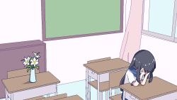 Rule 34 | 1girl, black hair, blue neckerchief, blue sailor collar, blue skirt, chair, chibikki, classroom, commentary, crying, curtains, desk, english commentary, flower, highres, implied suicide, indoors, lily (flower), long hair, memorial on desk, neckerchief, oekaki, on chair, one eye closed, one eye covered, original, sailor collar, scar, school chair, school desk, school uniform, self-harm scar, serafuku, short sleeves, sitting, skirt, solo, stain, vase, white serafuku, window