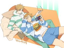 Rule 34 | 2boys, ahoge, alternate costume, america (hetalia), axis powers hetalia, blanket, blonde hair, blue eyes, blue shorts, book, captain america, casual, cellphone, dated, green eyes, green pants, holding, holding book, holding phone, holding removed eyewear, hood, hoodie, invisible chair, looking at another, looking at phone, lying, lying on person, multiple boys, on back, pants, phone, rubbing eyes, shirt, shorts, sitting, smartphone, striped clothes, striped hoodie, t-shirt, thick eyebrows, to@st, united kingdom (hetalia), unworn eyewear, white background, white shirt