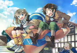 Rule 34 | 1girl, 3boys, ^ ^, armor, boots, brown eyes, brown hair, brown legwear, bun-o, carrying, cecile (suikoden), closed eyes, cloud, day, gensou suikoden, gensou suikoden iii, green eyes, happy, hat, house, knight, long hair, multiple boys, muto (suikoden), open mouth, pantyhose, sebastien (suikoden), shoes, sitting, sitting on shoulder, sky, striped clothes, striped legwear, striped pantyhose, surprised, thomas (suikoden), tree, vertical-striped clothes, vertical-striped legwear, vertical-striped pantyhose