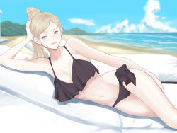 Rule 34 | 1girl, alternate hairstyle, arm support, beach, bikini, black bikini, blonde hair, blue eyes, blue sky, breasts, chair, cleavage, cloud, commentary request, day, frilled bikini, frills, hair between eyes, highres, horizon, kantai collection, long hair, looking at viewer, lounge chair, lying, medium breasts, mole, mole under eye, mole under mouth, mountain, ocean, on side, outdoors, ponytail, richelieu (kancolle), shingyou (alexander-13), side-tie bikini bottom, sky, solo, swimsuit, umbrella