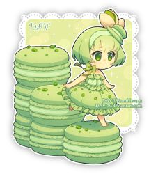 Rule 34 | 1girl, artist name, bare arms, bare shoulders, bow, chibi, closed mouth, commentary, dav-19, dress, food, food-themed hair ornament, frilled dress, frills, full body, green bow, green dress, green eyes, green hair, green hairband, green theme, hair ornament, hairband, lace background, looking away, macaron, original, personification, puffy dress, short hair, smile, solo, standing, standing on one leg, strapless, strapless dress, striped, striped bow, transparent background, watermark, web address, white footwear