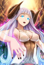 Rule 34 | 1girl, astaroth (granblue fantasy), bad id, bad pixiv id, black nails, blue eyes, blunt bangs, breasts, curled horns, glowing, glowing eyes, granblue fantasy, highres, horns, large breasts, long hair, looking at viewer, nail polish, open mouth, revealing clothes, solo, straight hair, tomo (tmtm mf mf), upper body, very long hair