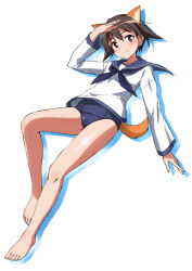 Rule 34 | 1girl, animal ears, barefoot, blue neckerchief, blue one-piece swimsuit, blue sailor collar, brown eyes, brown hair, closed mouth, dog ears, dog girl, feet, full body, highres, long sleeves, looking at viewer, miyafuji yoshika, neckerchief, old school swimsuit, one-piece swimsuit, sailor collar, salute, school swimsuit, school uniform, serafuku, shadow, shirt, short hair, simple background, smile, solo, strike witches, swimsuit, swimsuit under clothes, toes, tricky 46, white background, white shirt, world witches series