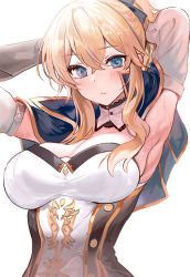 Rule 34 | 1girl, armpits, blonde hair, blush, breasts, cleavage, commentary request, detached collar, detached sleeves, genshin impact, hair between eyes, highres, jean (genshin impact), large breasts, looking at viewer, ponytail, simple background, solo, sweat, upper body, white background, yuki (asayuki101)