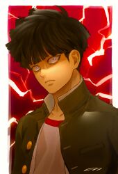 Rule 34 | 1boy, black hair, black jacket, closed mouth, highres, jacket, kageyama shigeo, looking at viewer, male focus, mob psycho 100, on0n, red background, shirt, short hair, solo, upper body, white eyes, white shirt