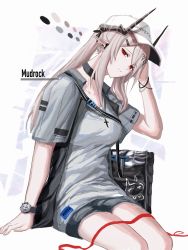 Rule 34 | 1girl, absurdres, alternate costume, alternate hairstyle, arknights, bag, black bag, black choker, casual, character name, choker, clothes writing, cross, cross necklace, demon horns, ear piercing, grey hair, grey shirt, grey shorts, hair ornament, head tilt, highres, horns, invisible chair, jewelry, long hair, looking at viewer, mudrock (arknights), necklace, piercing, pointy ears, ponytail, red eyes, red ribbon, ribbon, shirt, shorts, shoulder bag, sidelocks, sitting, solo, t-shirt, watch, white background, wristband, wristwatch, zuo daoxing