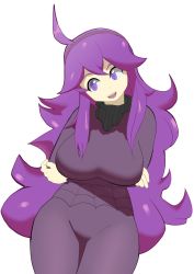Rule 34 | 1girl, @ @, ahoge, breasts, creatures (company), crossed arms, dress, game freak, geo-tempest, hair ornament, hairband, hex maniac (pokemon), highres, large breasts, long hair, long sleeves, looking to the side, matching hair/eyes, nintendo, npc trainer, open mouth, pokemon, pokemon xy, purple dress, purple eyes, purple hair, purple hairband, simple background, smile, solo, standing, teeth, turtleneck, white background