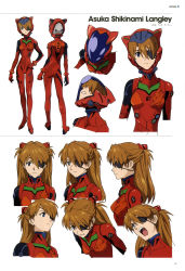 Rule 34 | 10s, 1girl, absurdres, ass, blue eyes, bodysuit, breasts, character sheet, evangelion: 3.0 you can (not) redo, eyepatch, female focus, full body, hair ornament, helmet, highres, long hair, looking at viewer, multiple views, neon genesis evangelion, non-web source, official art, orange hair, pilot suit, plugsuit, rebuild of evangelion, red bodysuit, scan, science fiction, shiny clothes, simple background, smile, souryuu asuka langley, spacesuit, twintails, wide hips