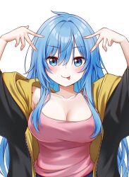 Rule 34 | 1girl, :p, absurdres, armpits, arms up, blue eyes, blue hair, blue skirt, blush, breasts, camisole, cleavage, collarbone, double v, elie wayne, highres, hood, hooded jacket, jacket, jan azure, large breasts, long hair, looking at viewer, mole, mole on shoulder, off shoulder, original, pink camisole, pink nails, pose imitation, sidelocks, simple background, skirt, tongue, tongue out, v, white background