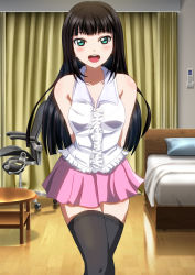 Rule 34 | 1girl, aqua eyes, arms behind back, artist name, artist request, bare legs, bare shoulders, bed, black hair, black legwear, blunt bangs, breasts, center frills, chair, collarbone, curtains, dress, dress shirt, female focus, frills, green eyes, highres, hime cut, indoors, kurosawa dia, layered skirt, long hair, looking at viewer, love live!, love live! sunshine!!, medium breasts, miniskirt, mole, mole under mouth, pink lips, pink skirt, plaid, plaid dress, plaid skirt, pleated, pleated dress, pleated skirt, room, shirt, skirt, sleeveless, sleeveless shirt, small breasts, solo, table, white shirt, yellow curtains