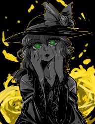 Rule 34 | 1girl, black background, bow, collarbone, cropped torso, flower, green eyes, greyscale, greyscale with colored background, hands on own cheeks, hands on own face, hat, hat bow, highres, komeiji koishi, looking at viewer, monochrome, petals, rose, rose petals, short hair, touhou, yellow flower, yellow rose, yt (wai-tei)