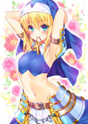 Rule 34 | 1girl, armlet, armor, armpits, arms up, belt, blonde hair, blue eyes, blush, breasts, bucchake (asami), chain, cross, cross necklace, floral background, flower, habit, hair between eyes, jewelry, looking at viewer, medium hair, midriff, mouth hold, navel, necklace, ootomo sourin (sengoku otome), sengoku otome, skirt, small breasts, smile, solo, white skirt