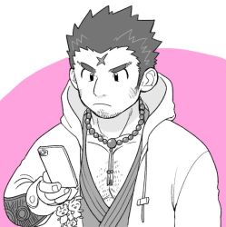 Rule 34 | 1boy, bad id, bad twitter id, bara, bead necklace, beads, black eyes, chest hair, commentary request, cross scar, facial hair, frown, holding, holding phone, hood, hooded jacket, houzouin oniwaka, jacket, jewelry, charm (object), large pectorals, long sideburns, looking at phone, male focus, mature male, muscular, muscular male, necklace, pectoral cleavage, pectorals, phone, pink background, scar, scar on face, scar on forehead, shitappa, short hair, sideburns, solo, spot color, stubble, thick eyebrows, tokyo houkago summoners, upper body, white background