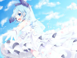 Rule 34 | 1girl, alternate costume, back bow, bare shoulders, blue bow, blue eyes, blue hair, blush, bow, cirno, cloud, commentary request, day, dress, fang, flower, from behind, gloves, hair bow, highres, ice, ice wings, kuromame (8gou), light blue hair, looking at viewer, looking back, one eye closed, open mouth, outdoors, outstretched arm, rose, short hair, sidelocks, sky, smile, solo, thighhighs, touhou, wedding dress, white bow, white dress, white flower, white gloves, white rose, white thighhighs, wings