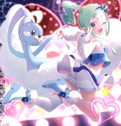 Rule 34 | 1girl, ;d, absurdres, altaria, arm warmers, boots, commentary request, creatures (company), eyelashes, game freak, gen 3 pokemon, glint, green eyes, green hair, hair ornament, heart, highres, lisia (pokemon), looking at viewer, looking back, nail polish, nintendo, one eye closed, open mouth, pokemon, pokemon (creature), pokemon oras, shorts, shorts under skirt, showgirl skirt, sidelocks, single thighhigh, smile, star (symbol), striped clothes, striped thighhighs, thighhighs, tongue, yupiteru