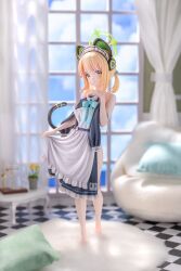 Rule 34 | 1girl, absurdres, animal ear headphones, animal ears, apron, baihuzi cb, barefoot, blonde hair, blue archive, blush, cat ear headphones, closed mouth, commentary request, curtains, day, dress, fake animal ears, figure, full body, green eyes, halo, headphones, highres, holding, holding clothes, holding dress, indoors, looking at viewer, maid, maid apron, maid headdress, midori (blue archive), midori (maid) (blue archive), nemo (leafnight), nude, official alternate costume, photo (medium), short twintails, solo, tail, tile floor, tiles, twintails, unworn clothes, window