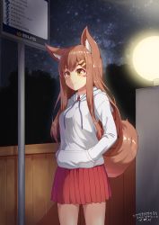 Rule 34 | 1girl, animal ears, brown hair, bus stop, commentary request, fox ears, fox girl, fox tail, hair ornament, hairclip, hands in pockets, highres, hood, hoodie, kemo (pokka), lamppost, long hair, long sleeves, night, original, pleated skirt, red skirt, road sign, shirt, sign, skirt, smile, solo, tail, tree, white hoodie, yellow eyes