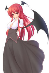 Rule 34 | 1girl, arm belt, arms behind back, blush, breasts, cleavage, covered erect nipples, female focus, head wings, highres, hyonsan2, koakuma, long hair, long skirt, red eyes, red hair, sidelocks, simple background, skirt, smile, solo, touhou, white background, wings