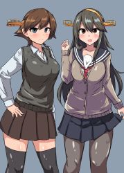 Rule 34 | 10s, 2girls, black hair, black legwear, blue eyes, breasts, brown eyes, brown hair, cardigan, cardigan vest, commentary request, hand on own hip, haruna (kancolle), headgear, hiei (kancolle), highres, kantai collection, large breasts, long hair, long sleeves, looking at viewer, miniskirt, multiple girls, neckerchief, pantyhose, pleated skirt, remodel (kantai collection), school uniform, senshiya, shiny clothes, shiny skin, short hair, skirt, sweater, sweater vest, thighhighs