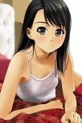 Rule 34 | 1girl, arm support, asymmetrical bangs, bare shoulders, black hair, blanket, blush, breasts, closed mouth, covered erect nipples, cowboy shot, female focus, floral print, foreshortening, green eyes, highres, indoors, leaning forward, long hair, looking at viewer, lying, matsunaga kouyou, on bed, on side, original, sleeveless, small breasts, smile, solo, tareme, thighs, upper body