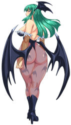 Rule 34 | 1girl, animal print, ass, back, backless leotard, backless outfit, bare back, bare shoulders, bat print, bat wings, blue eyes, blush, boots, breasts, capcom, covered erect nipples, curvy, demon girl, detached sleeves, elbow gloves, from behind, gloves, green eyes, green hair, head wings, high heels, highres, hip focus, huge ass, iad, large breasts, leotard, lips, long hair, looking back, morrigan aensland, pantyhose, plump, print legwear, shoes, sideboob, skin tight, thick thighs, thighs, thong leotard, vampire (game), wide hips, wings