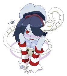 Rule 34 | 1girl, all fours, ass, bare shoulders, blue hair, blue skin, blush, breasts, cleavage, colored skin, detached sleeves, downblouse, large breasts, leviathan (skullgirls), long hair, red eyes, side ponytail, skull, skullgirls, solo, squigly (skullgirls), stitched mouth, stitches, striped, striped sleeves, sweatdrop, tsukudani (coke-buta), zombie