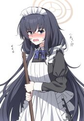 Rule 34 | 1girl, ;o, alternate costume, alternate hairstyle, apron, bags under eyes, black hair, blue archive, bow, bowtie, commentary request, enmaided, flying sweatdrops, frilled apron, frills, hair between eyes, hair down, halo, highres, holding, holding mop, karikura (atatata71), long hair, long sleeves, looking at viewer, maid, maid apron, maid headdress, mop, nervous, nervous sweating, one eye closed, purple bow, purple bowtie, purple eyes, sidelocks, simple background, solo, sweat, translation request, ui (blue archive), white apron, white background