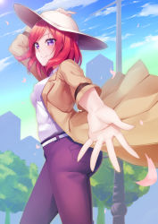 Rule 34 | 10s, 1girl, arm up, belt, blue sky, blush, building, closed mouth, cloud, coat, collared shirt, cowboy shot, day, eyebrows, eyelashes, from below, ginopi, hand on headwear, hand on own head, hat, looking at viewer, love live!, love live! school idol festival, love live! school idol project, nishikino maki, outdoors, palms, pants, petals, pole, purple eyes, purple pants, reaching, red hair, shirt, short hair, sky, skyscraper, sleeves past elbows, smile, solo, spread fingers, sun hat, swept bangs, tree, white shirt, wind
