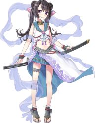 Rule 34 | 1girl, bicchuutakamatsu (oshiro project), breasts, brown hair, cleavage, double bun, feet, fingerless gloves, full body, gloves, hair ornament, holding, holding sword, holding weapon, katana, kazune (baumkuchen), long hair, oshiro project:re, oshiro project:re, pleated skirt, purple eyes, skirt, sleeveless, small breasts, solo, sword, toeless legwear, toes, transparent background, twintails, weapon