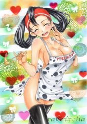 Rule 34 | 1girl, apron, artist name, black hair, black thighhighs, blush, breasts, chopsticks, cleavage, closed eyes, creatures (company), game freak, johto mother, large breasts, marker (medium), mature female, mole, mother (pokemon), musical note, naked apron, nintendo, open mouth, pokemon, pokemon gsc, smile, solo, takecha, thighhighs, traditional media