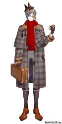 Rule 34 | 1boy, animal-themed eyewear, animal hat, blue eyes, briefcase, brown footwear, brown hair, capelet, capri pants, coat, company name, detective, dog hat, full body, gloves, hat, hoe-l, holding, holding briefcase, holding smoking pipe, male focus, monocle, mysta rias, mysta rias (2nd costume), nijisanji, nijisanji en, official art, pants, pantyhose, plaid, plaid capelet, plaid coat, red scarf, scarf, short ponytail, smoking pipe, solo, standing, tachi-e, virtual youtuber, white background