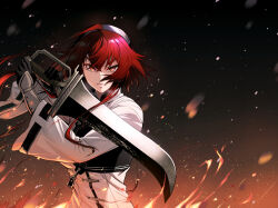 Rule 34 | 1girl, aged up, black gloves, closed mouth, eris greyrat, fire, frown, gauntlets, gloves, hair between eyes, hibi gakeppuchi, highres, holding, holding sword, holding weapon, long hair, long sleeves, looking at viewer, mushoku tensei, red eyes, red hair, solo, sword, upper body, weapon