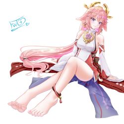 Rule 34 | 1girl, absurdres, anklet, barefoot, blush, feet, genshin impact, highres, jewelry, long hair, looking at viewer, parted lips, pink hair, purple eyes, soles, toes, transparent background, yae miko, yae miko