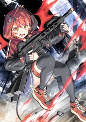Rule 34 | 1girl, ammunition pouch, assault rifle, characted:kurumi sarari, gun, highres, holding, holding gun, holding weapon, indie virtual youtuber, pouch, red hair, rifle, riripoinya, shoes, sneakers, virtual youtuber, weapon