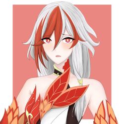 Rule 34 | 1girl, bare shoulders, blush, chinese clothes, delcaholi xd, detached sleeves, elbow gloves, eyeliner, fu hua, fu hua (garuda), gloves, hair between eyes, highres, honkai (series), honkai impact 3rd, long hair, looking at viewer, makeup, multicolored hair, open mouth, red eyeliner, red eyes, red gloves, red hair, red scales, solo, streaked hair, symbol-shaped pupils, two-tone hair, white hair, yellow pupils